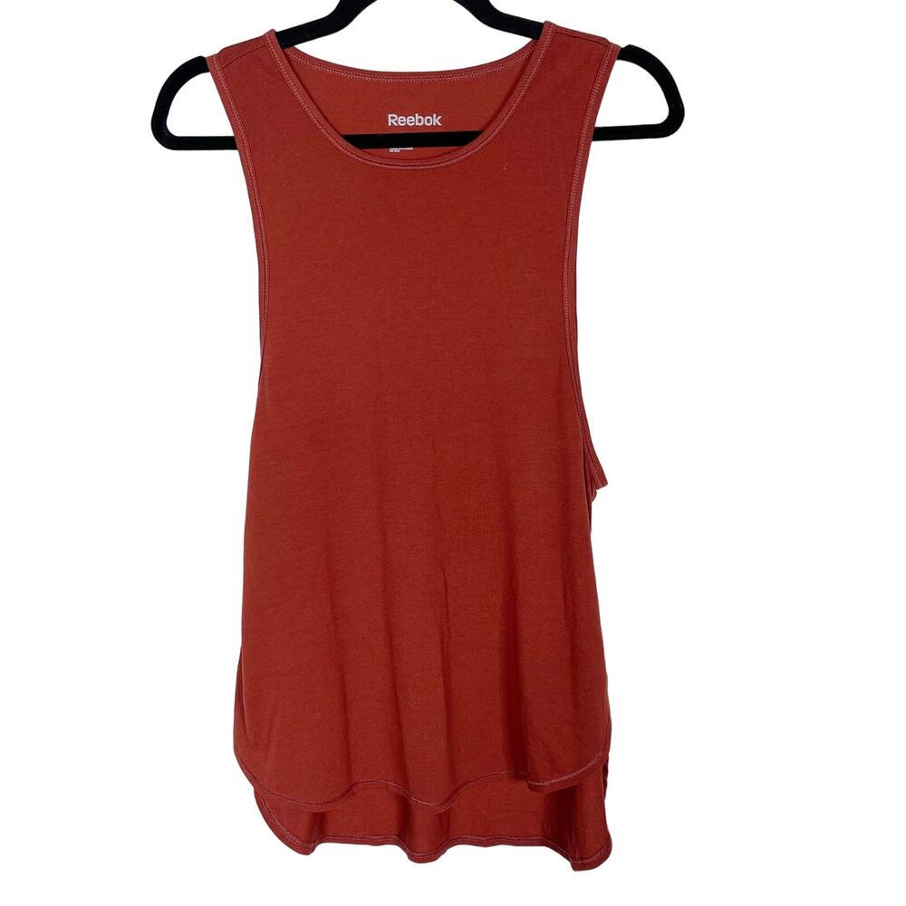Reebok Womens Medium M Rust Orange Deep Sleeve Muscle Tank Top Tee Side Split